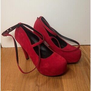 Mary Jane Platform Shoes Womens Size 7.5 Red Suede Ankle Strap Stiletto Pumps